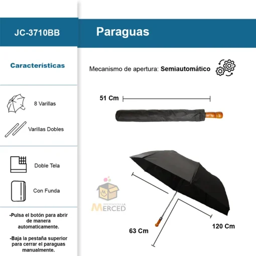 Paraguas Liso De Macana Semiautomático Doble Tela - Image 2