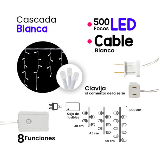 Serie Cascada Luz Blanca 500 Led Micrófono 8 Funciones 10mts