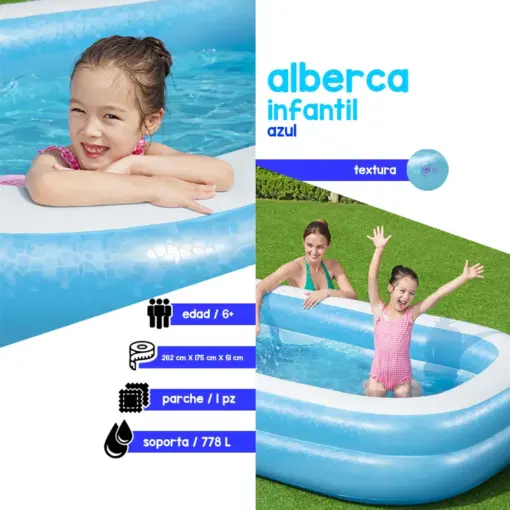 Alberca Inflable Rectangular Infantil Con 2 Aros 778 lts 262 cm Blanco y Azul
