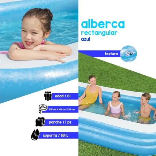 Alberca Inflable Infantil Rectangular Bestway 1161 Lts De 305 Cm Azul