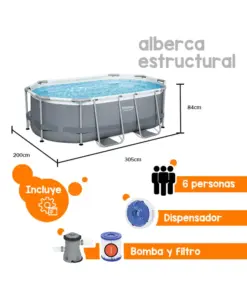 Alberca Piscina Ovalada Estructural Bestway Con Accesorios 3668 Lts 305 Cm Gris