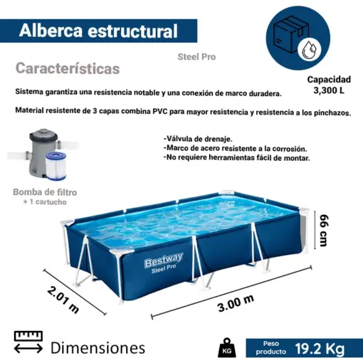 Alberca Estructural Rectangular Bestway 300 Cm 3300 Litros Azul