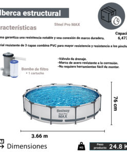 Alberca Redonda Estructural Bestway Gris 366 Cm Con Filtro