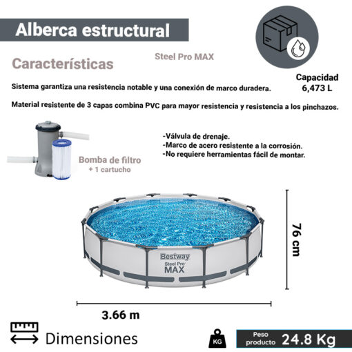 Alberca Redonda Estructural Bestway Gris 366 Cm Con Filtro