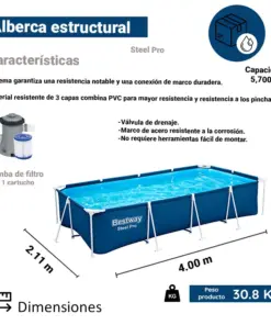 Alberca Estructural Rectangular Bestway 400 Cm Azul 5700 Lts Azul