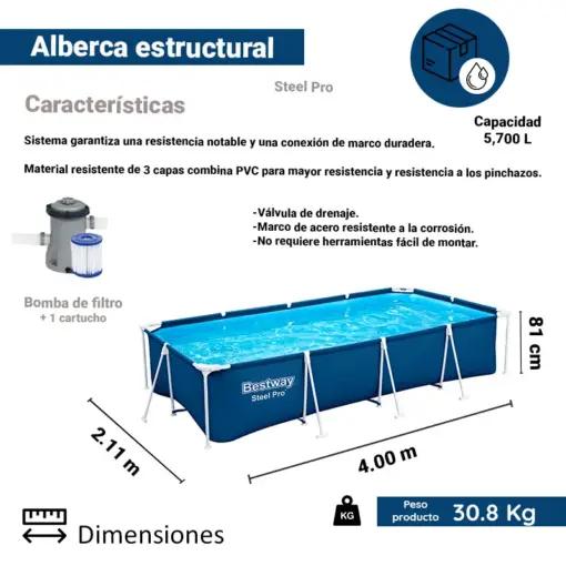 Alberca Estructural Rectangular Bestway 400 Cm Azul 5700 Lts Azul