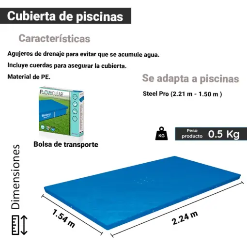Cubierta Para Alberca Rectangular Pvc 221cm Cobertor Piscina