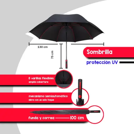 Paraguas De Golf Semi Automático Negro Impermeable 130 Cm