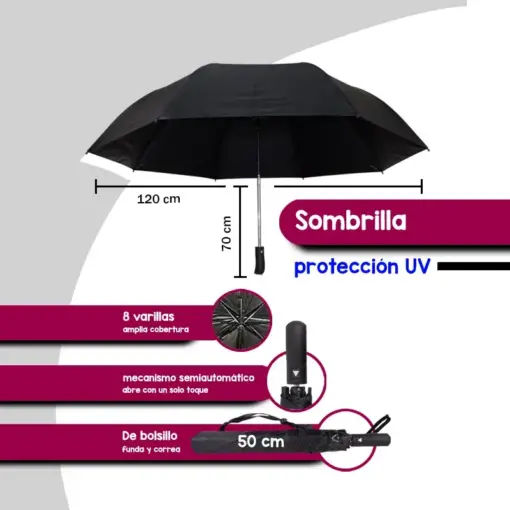Sombrilla Paraguas Negro Liso Semiautomático De Bolsillo F/v