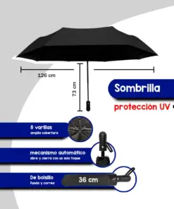 Paraguas Automático De Bolsillo Negro Con Filtro Uv 126 Cm