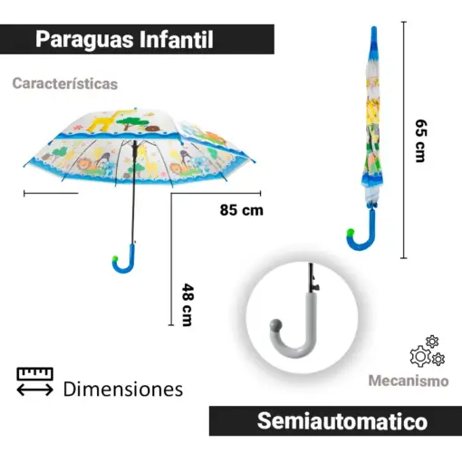 Paraguas Infantil Semiautomatico Con Estampado Animales Y Silbato 6 Pzas
