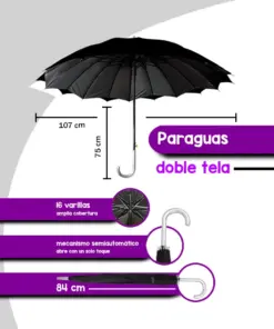 Paraguas Tipo Bastón Negro Con Doble Tela Semiautomático 107 Cm