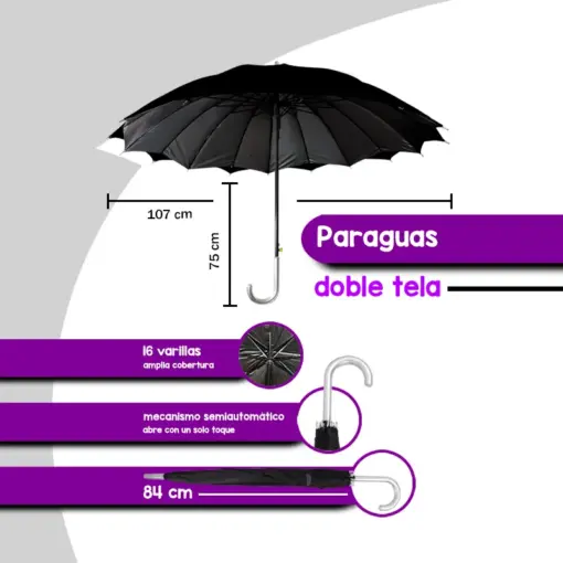 Paraguas Tipo Bastón Negro Con Doble Tela Semiautomático 107 Cm