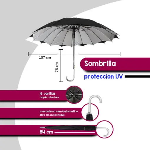 Paraguas Negro Tipo Bastón Con Doble Tela Semiautomático