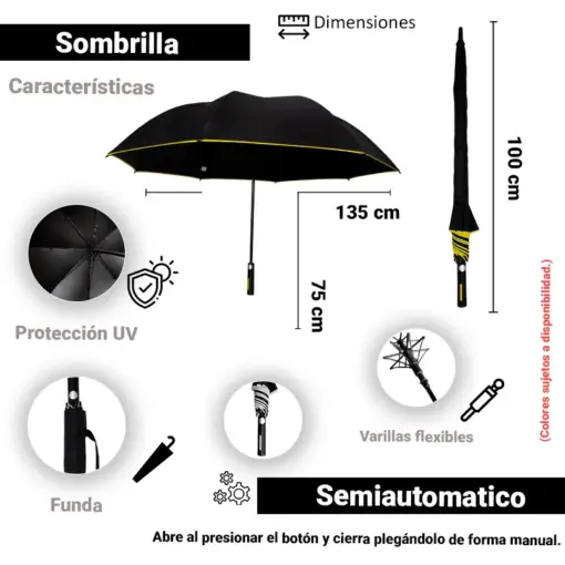 Paraguas Semiautomático Sombrilla Tipo Golf Jumbo Negro 130 Cm