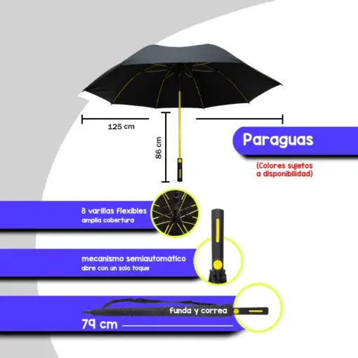 Paraguas Tipo Golf Semiautomático Sombrilla Jumbo Negro 130 Cm