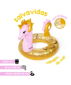 Salvavidas Inflable Caballito De Mar Rosa Con Brillos 115 Cm