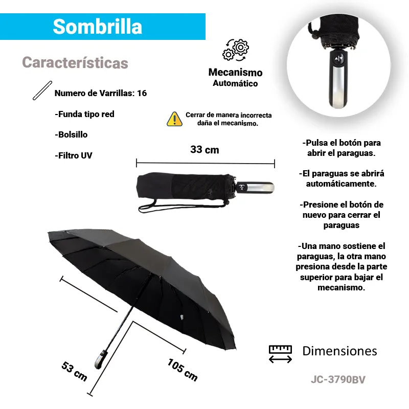 Sombrilla Automática De Bolsillo Negro Con Filtro UV Paq 12 Pzs. - Image 2