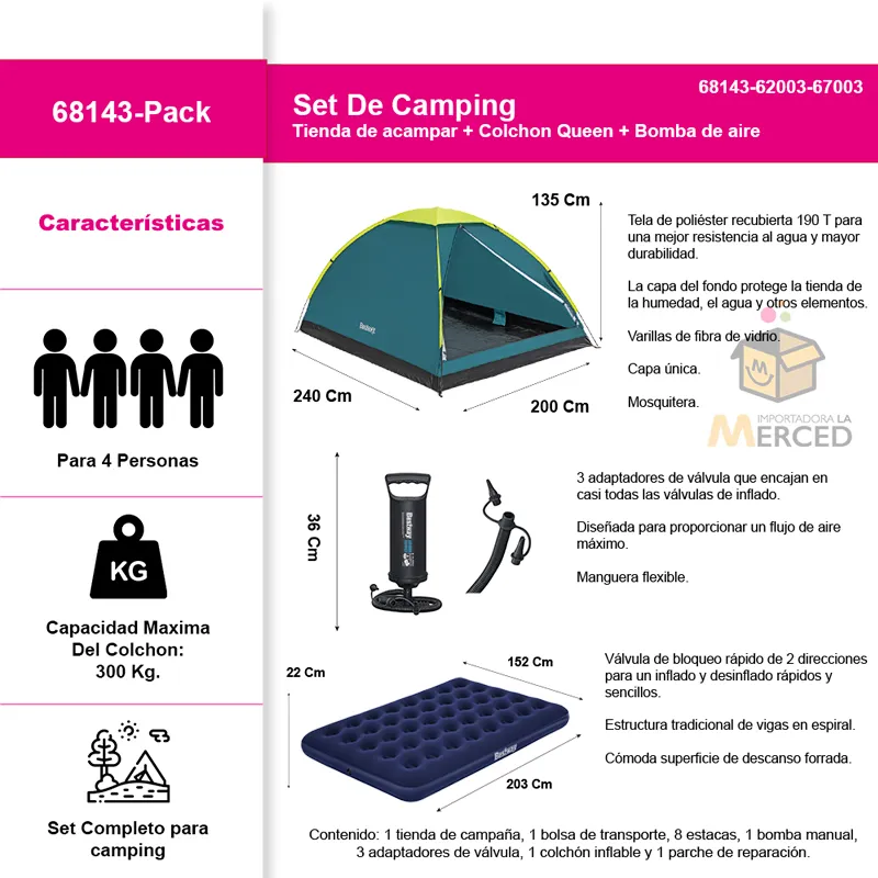 Kit para Acampar Bestway Casa de campaña, Colchón Queen y Bomba de Aire - Image 2