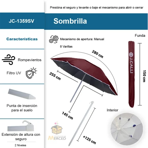 Sombrilla para Playa Diámetro 280cm Paq. 3 Pzs. - Image 2