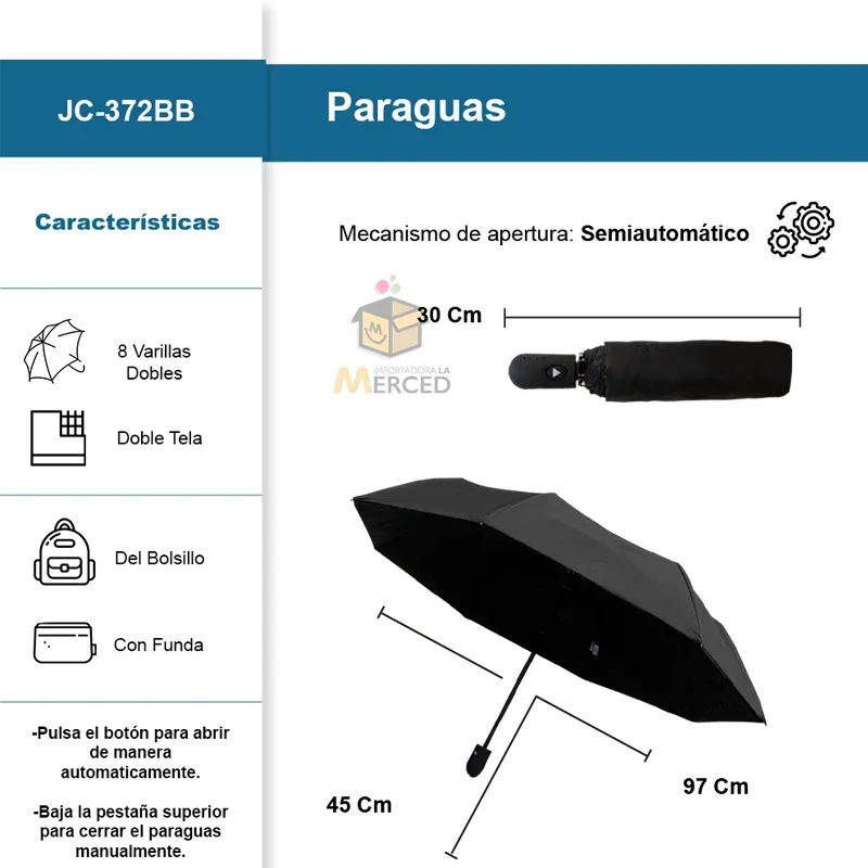 Paraguas de Bolsillo con Mecanismo Semiautomático Color Negro ☔ - Image 2