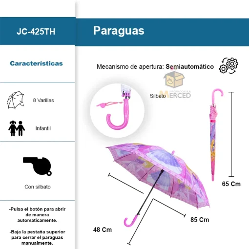 Paraguas Infantil con Mecanismo Semiautomático Incluye Silbato Paq. 4 Pzs.☔ - Image 2
