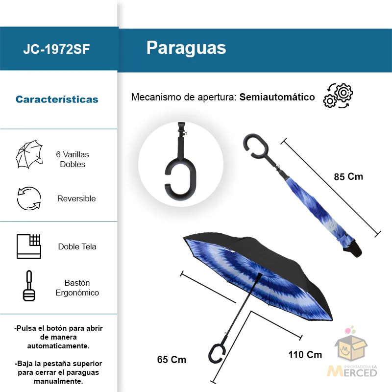 Paraguas Reversible con Sistema Semiautomático y Bastón Ergonómico Paq. 5Pzs.☔ - Image 3