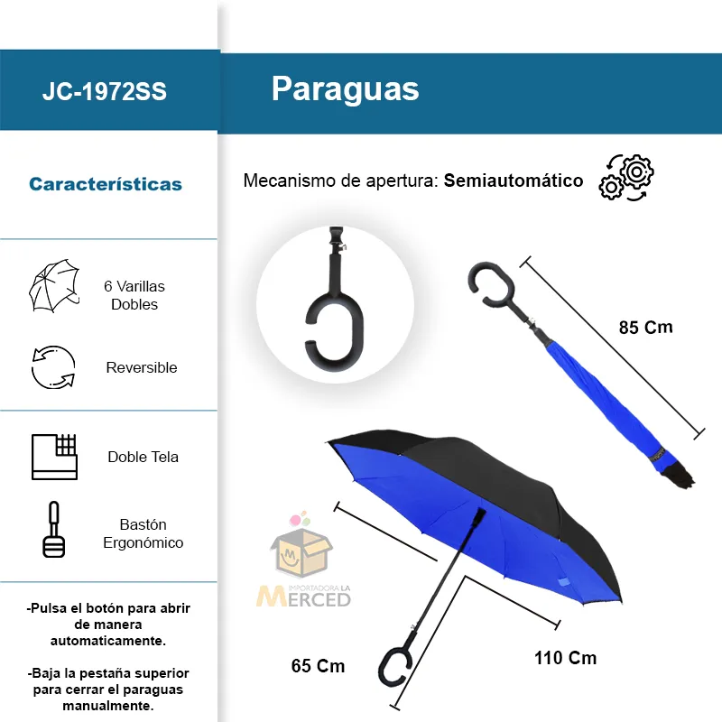 Paraguas Reversible con Sistema Semiautomático y Bastón Ergonómico Paq. 8 Pzs.☔ - Image 2