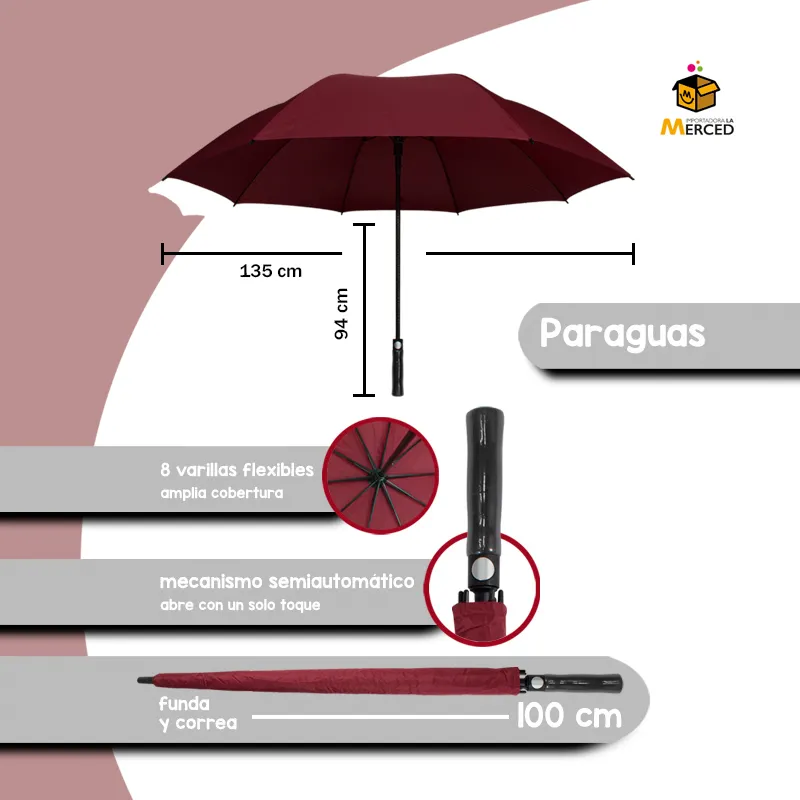 Paraguas con Sistema Semiautomático 8 Varillas Flexibles Color Vino - Image 2