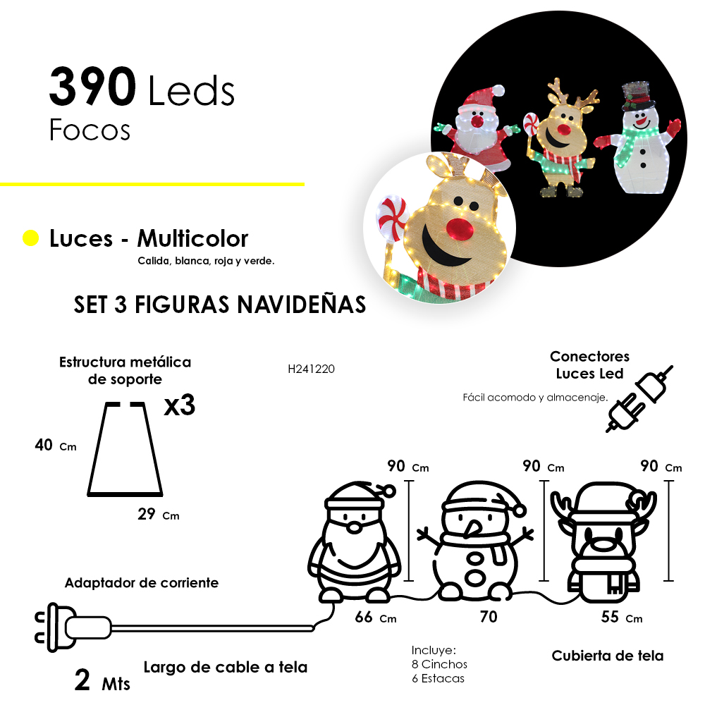 Set 3 Figuras Decorativas Navideñas 90cm Santa Reno Muñeco Led - Image 2
