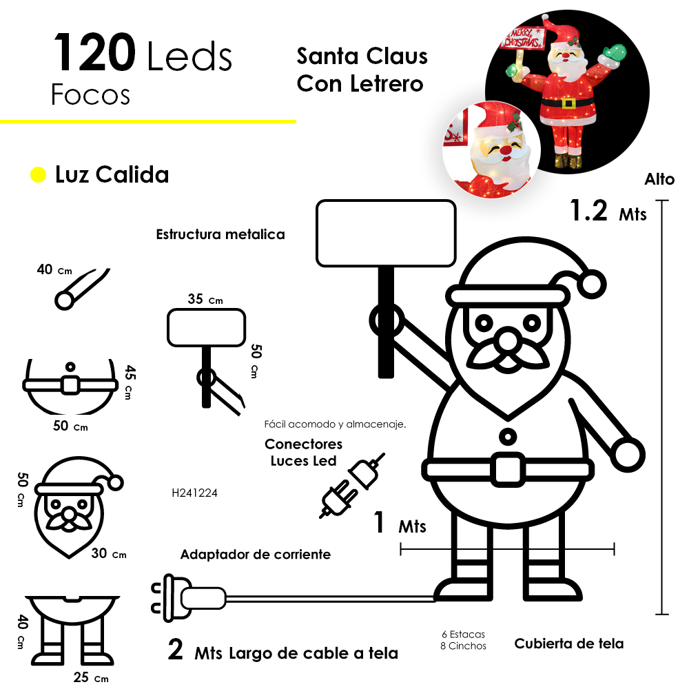 Santa Claus Navideño De Tela 1.2mts Con Letrero Luz Led Estructura Metalica - Image 2