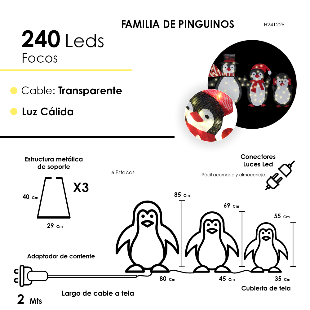 Decoración Navideña Pingüinos Tela Luz Led Estructura Metalica 85cm - Image 2
