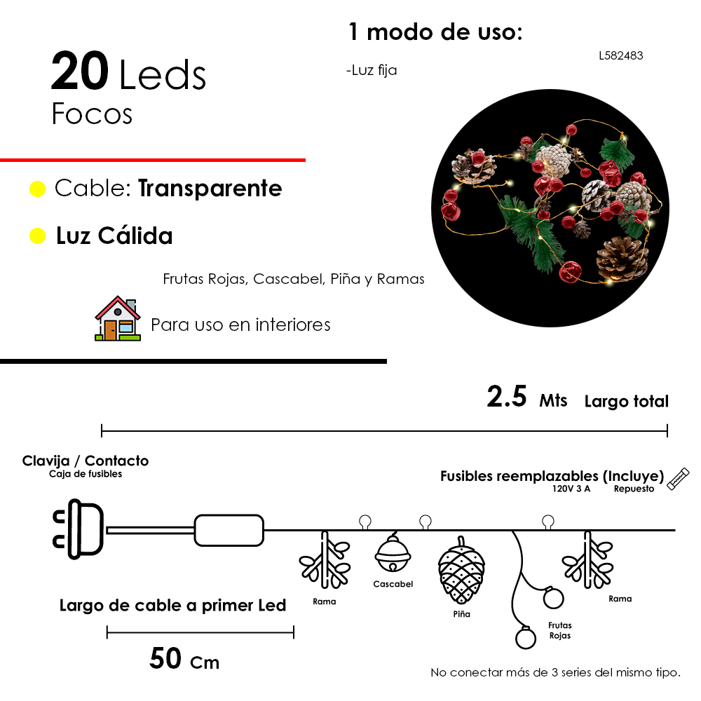 Serie Navideña 2.5m Con Piñas Frutas Rojas Luz Led Cálida - Image 2