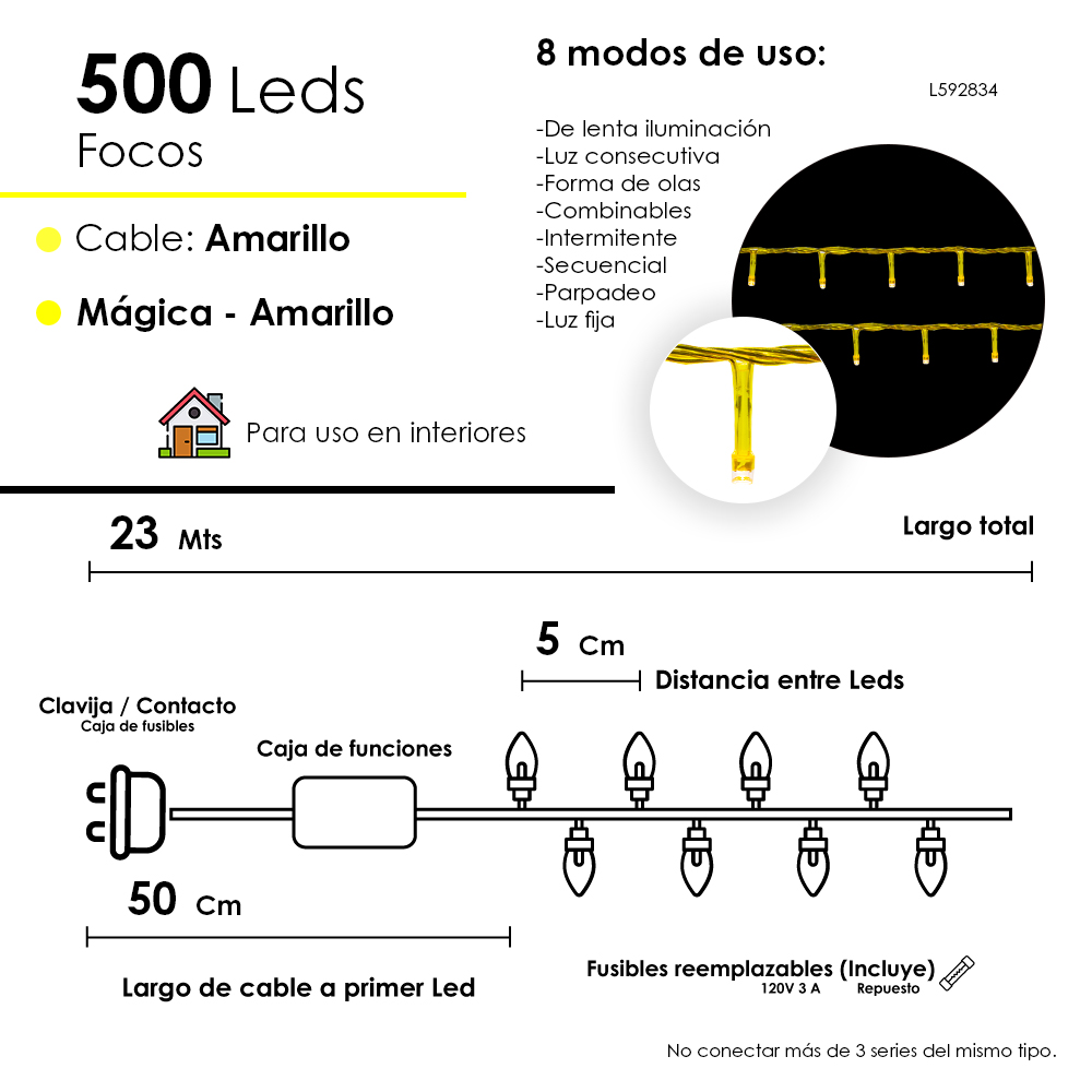 Serie Navideña Mágica 500 Led Luz Amarilla 23mts 8 Funciones - Image 2