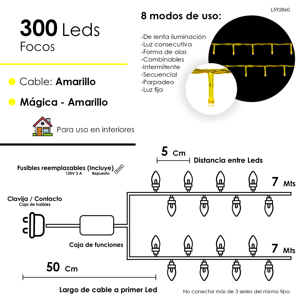 Serie Navideña Mágica 300 Led Luz Amarilla 13.5mts 8 funciones - Image 2