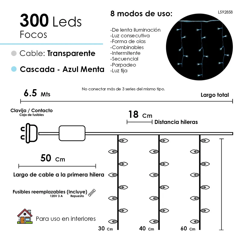 Serie Cascada Navideña Luz Led Cian 300 Led 6.5mts 8 Funciones - Image 4
