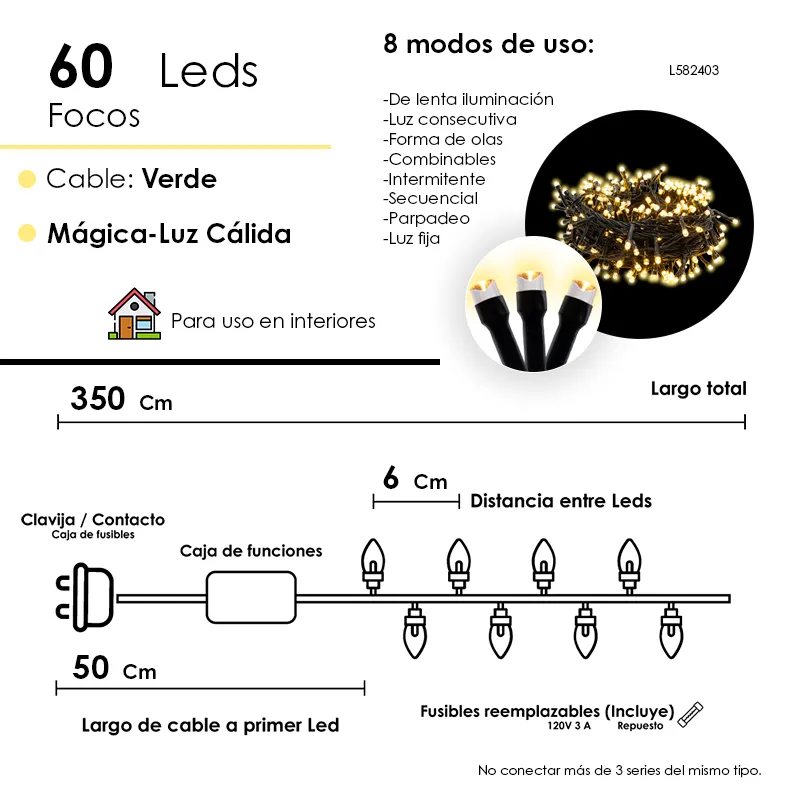 Serie Navideña 60 Luces Led Luz Cálida 3.5 Mts Cable Verde - Image 4