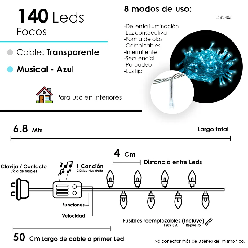 Serie Navideña Musical 140 Luces Led Luz Azul Cian 6.8mts - Image 3