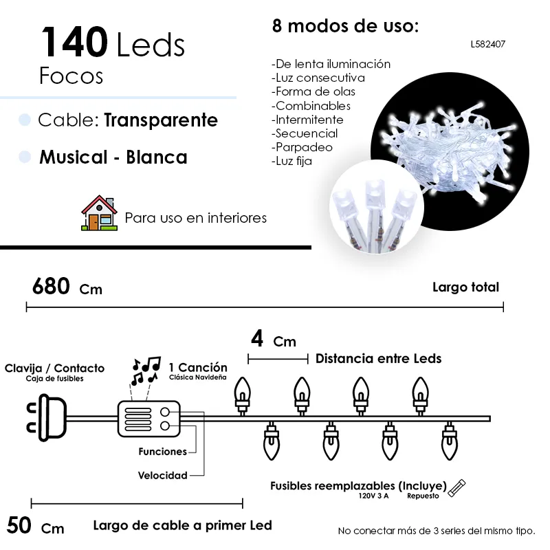 Serie Navideña Musical 140 Led Luz Blanca 6.8 Mts 8 Funcione - Image 6
