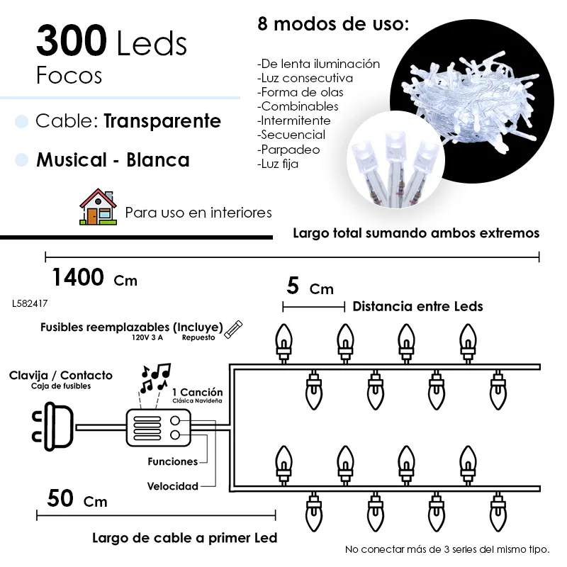 Serie Navideña Musical 300 Led Luz Blanca 14 Mts 8 Funciones - Image 3