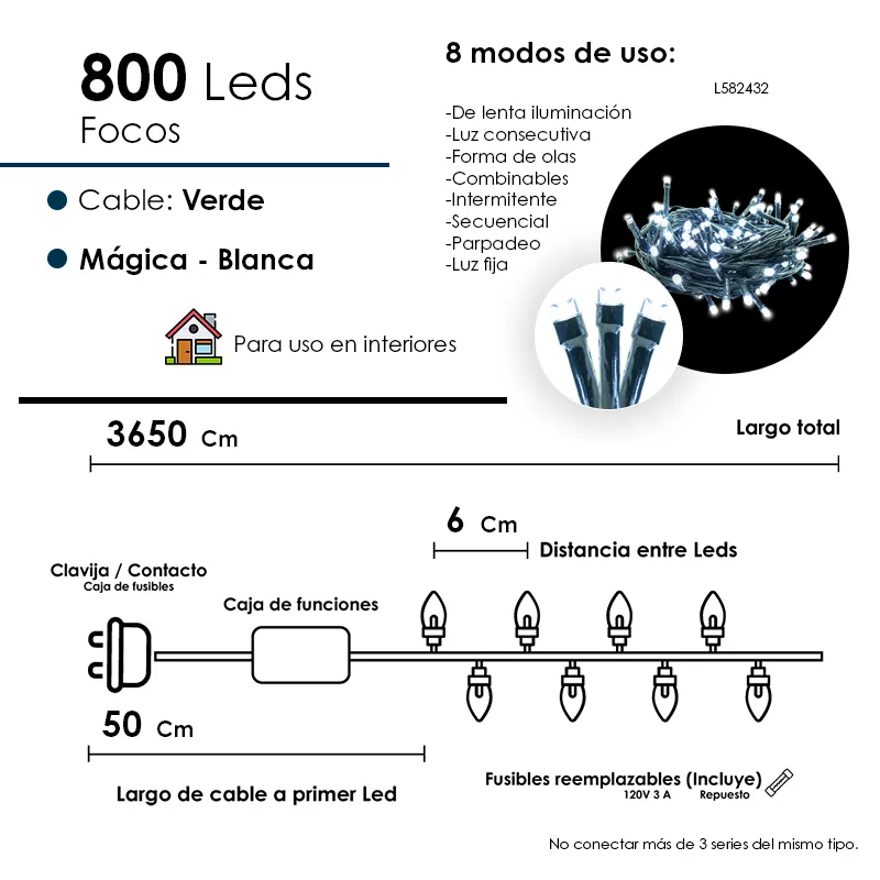 Serie Navideña 800 Led Luz Blanca 36 Metros 8 Funciones - Image 3