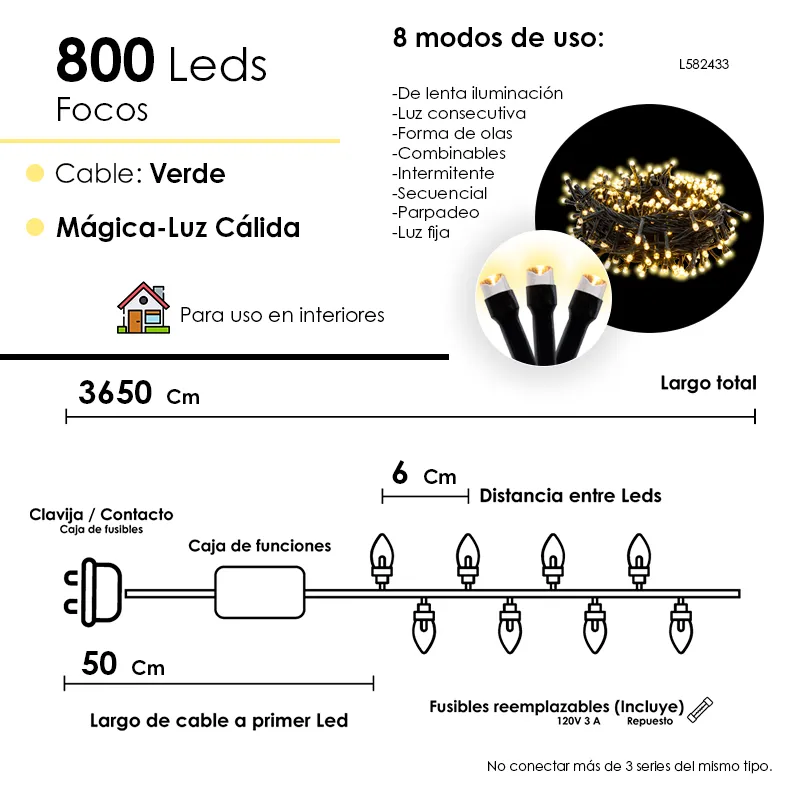 Serie Navideña 800 Led Luz Cálida 36 Metros 8 Funciones - Image 3