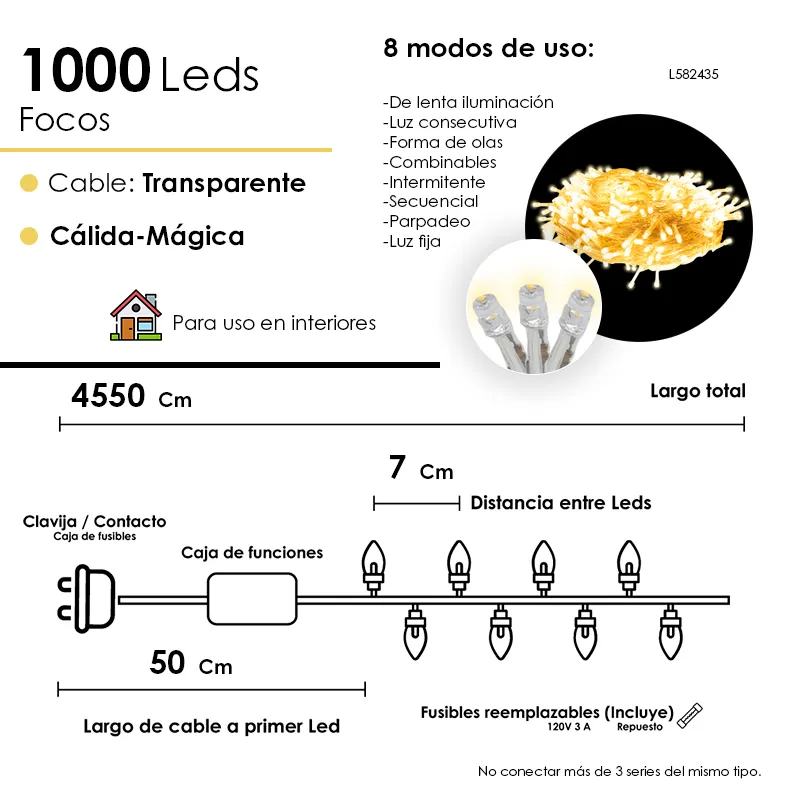 Serie Navideña 1000 Led Luz Cálida 45 Metros 8 Funciones - Image 3