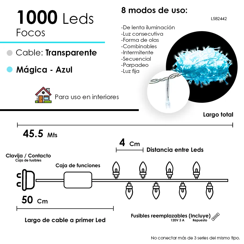 Serie Navideña 1000 Luces Led Luz Azul Cian 45mts 8 funciones - Image 4