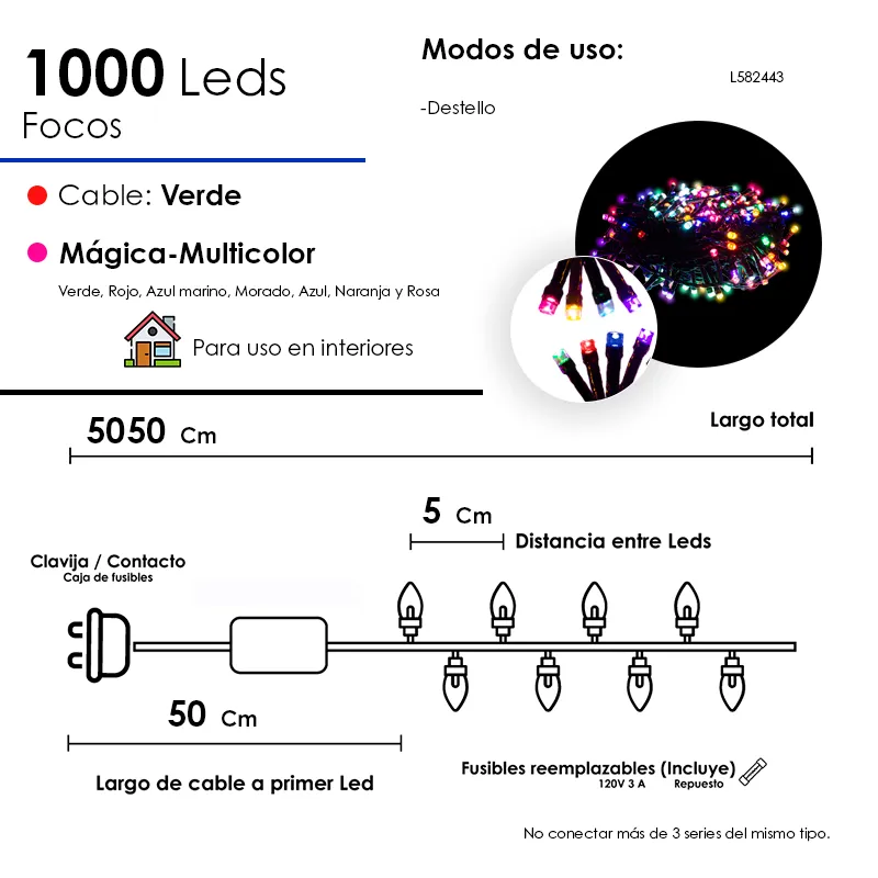 Serie Navideña 1000 Led Luz Multicolor Destello 50 Metros - Image 4