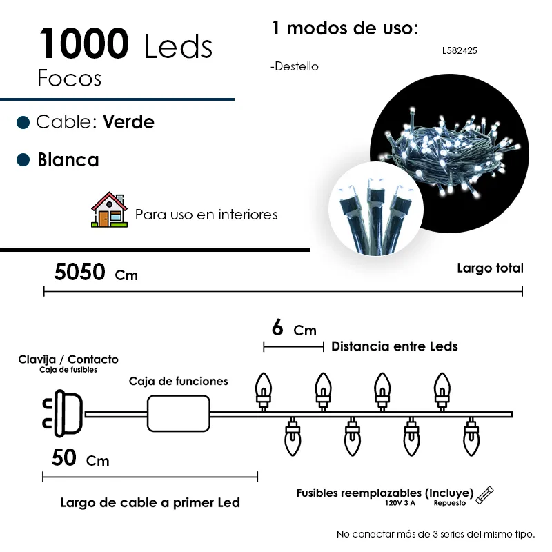 Serie Navideña 1000 Luces Led Luz Blanca Destello 50 Metros - Image 3