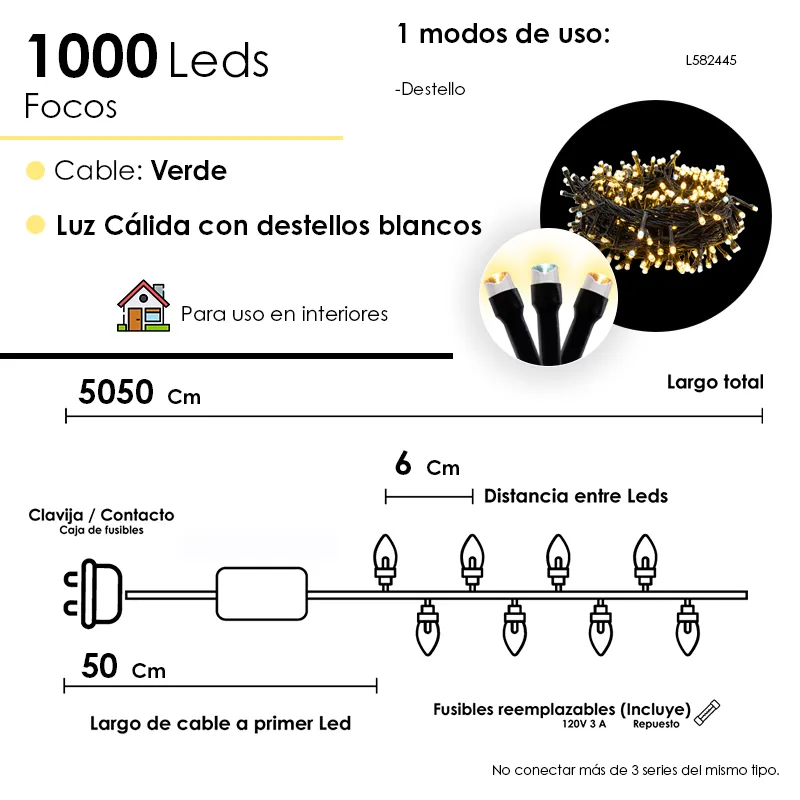 Serie Navideña 1000 Luces Led Luz Cálida Destello 50 Metros - Image 3