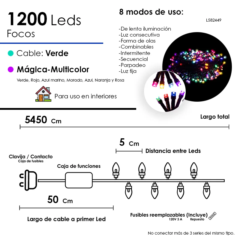 Serie Navideña 1,200 Led Multicolor Mágica 8 Funciones - Image 4