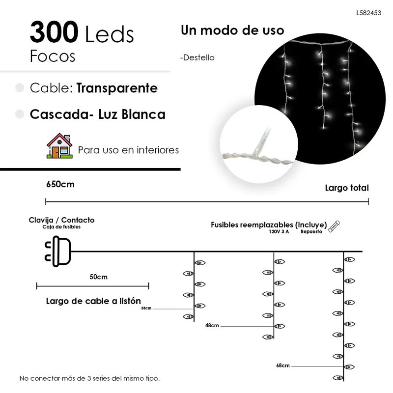Serie Cascada Navideña 300 Led Luz Blanca 6.5 Mts Destello - Image 2