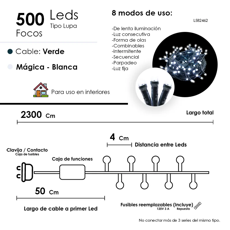Serie Navideña 500 Luces Led Luz Blanca 23mts 8 Funciones - Image 4